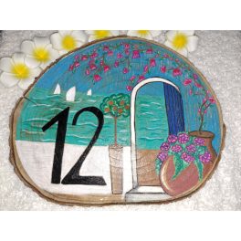   Kézzel festett házszámtábla kör alakú fa szeletre EGYEDI KÍVÁNSÁG szerint 28 - 30 cm