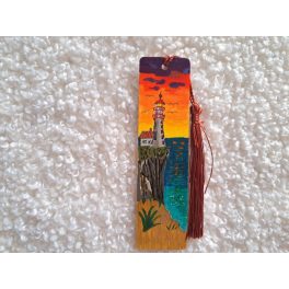  Kézzel festett könyvjelző, fa alapon "Világítótorony naplementében"