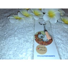   Kézzel festett kulcstartó, akril alapon "Cica levelek közt"