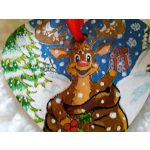 Kézzel festett szív alakú kísérőkártya és hűtőmágnes egyben "Szarvas zsákkal"