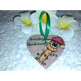   Kézzel festett szív alakú kísérőkártya és hűtőmágnes egyben "Zsiráf, Boldog Karácsonyt"